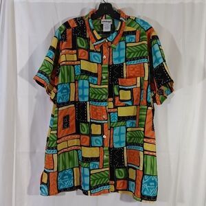 National Womens 2X Blouse Button Up Shirt Abstract Patchwork Vibrant